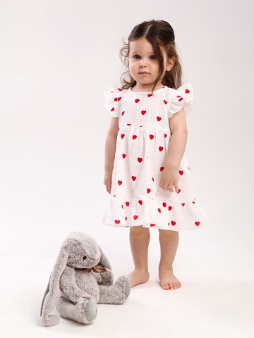 342-КС. Платье детское из муслина, хлопок 100%, красное сердце, р. 98,104,110,116